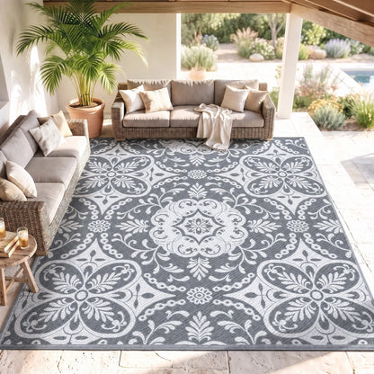 Tapis Extérieur Portable, 9' x 12', Imperméable, Fleur Blanche, Gris