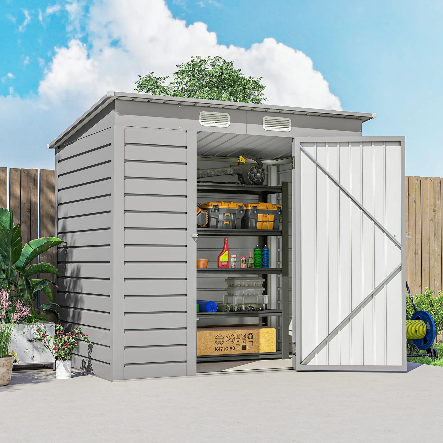 6 x 4FT Galvanized Garden Storage Shed, Metal Outdoor Shed, Light Grey