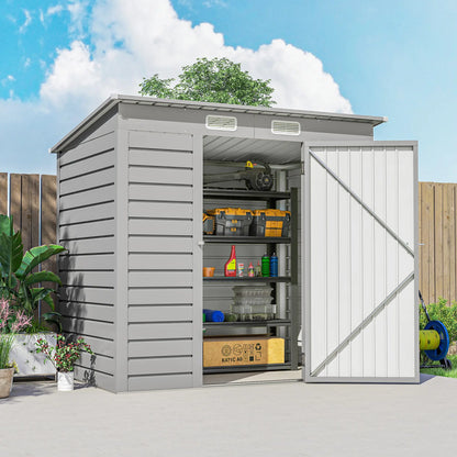 6 x 4FT Galvanized Garden Storage Shed, Metal Outdoor Shed, Light Grey