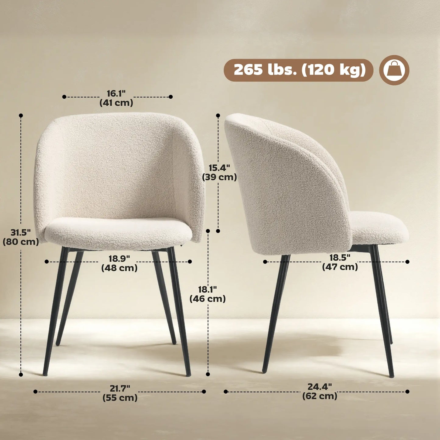 Dining Chairs Set Of 2, Sherpa Fleece Upholstered, Cream White Dining Chairs at Gallery Canada