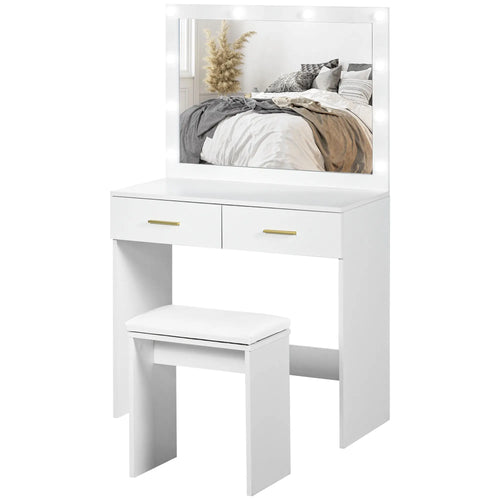 Makeup Vanity Desk Set with Stool, LED Mirror, Drawers, White