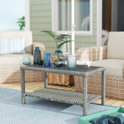 35" Outdoor Wicker Coffee Table, Glass Top, Storage Shelf, Dark Grey Coffee Tables at Gallery Canada