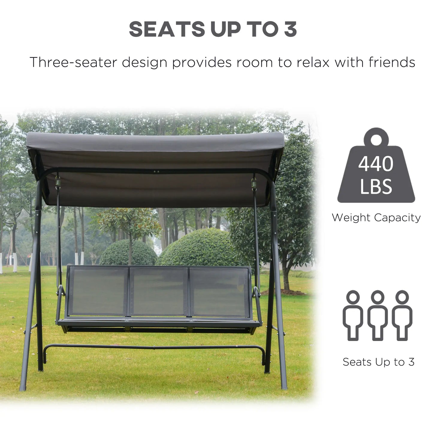 3-Seater Swing Chair, A-Frame Garden Hammock, Adjustable Canopy, Grey Patio Swings with Stand at Gallery Canada