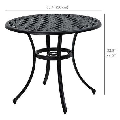 35.5" Round Outdoor Dining Table, Cast Aluminum, Grid Top, Black