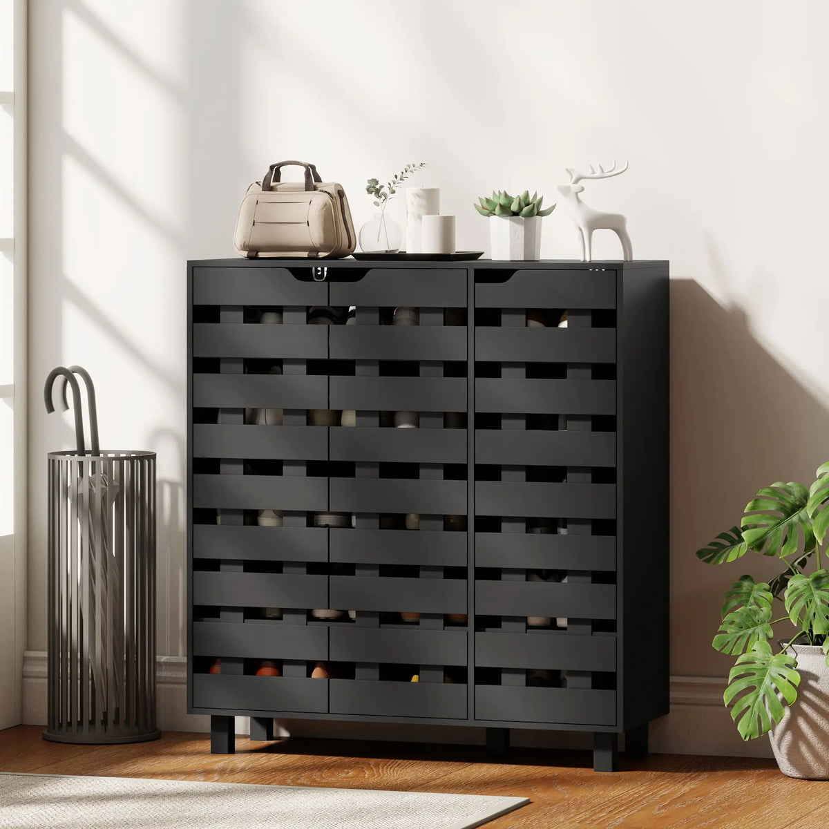 Shoe Cabinet, 20 Pair Storage with Hollowed-Out Doors, Black Shoe Storage Cabinets & Racks at Gallery Canada