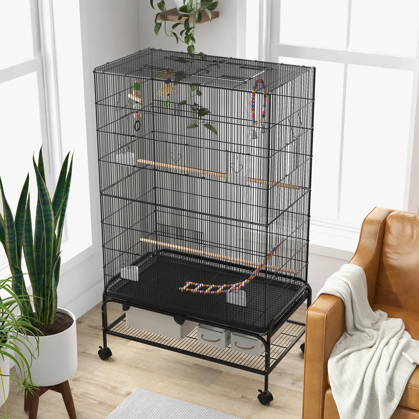 63" Bird Cage With Open Top, Stand, Toys, Removable Tray, Storage Shelf Bird Cages at Gallery Canada