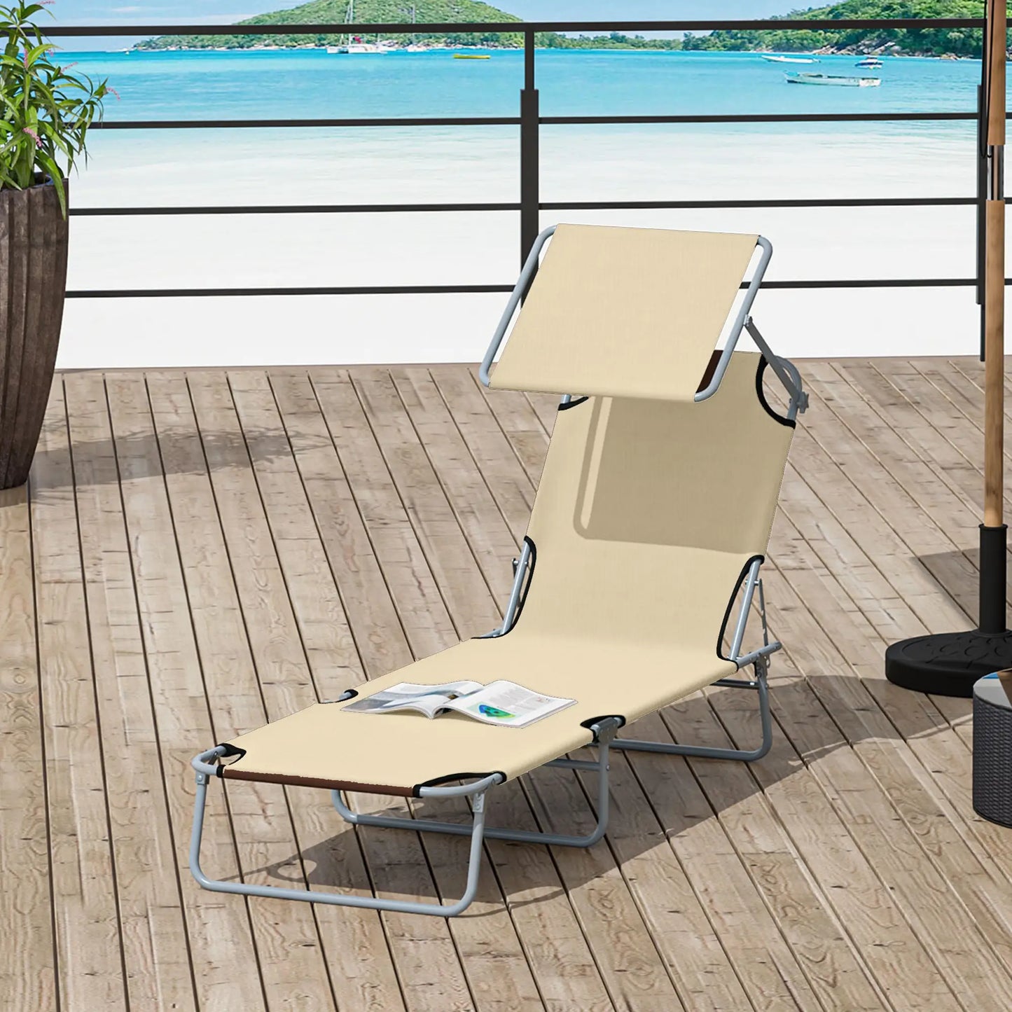 Outdoor Lounge Chair with Sun Shade, for Beach, Camping, Beige Lounger Chairs at Gallery Canada