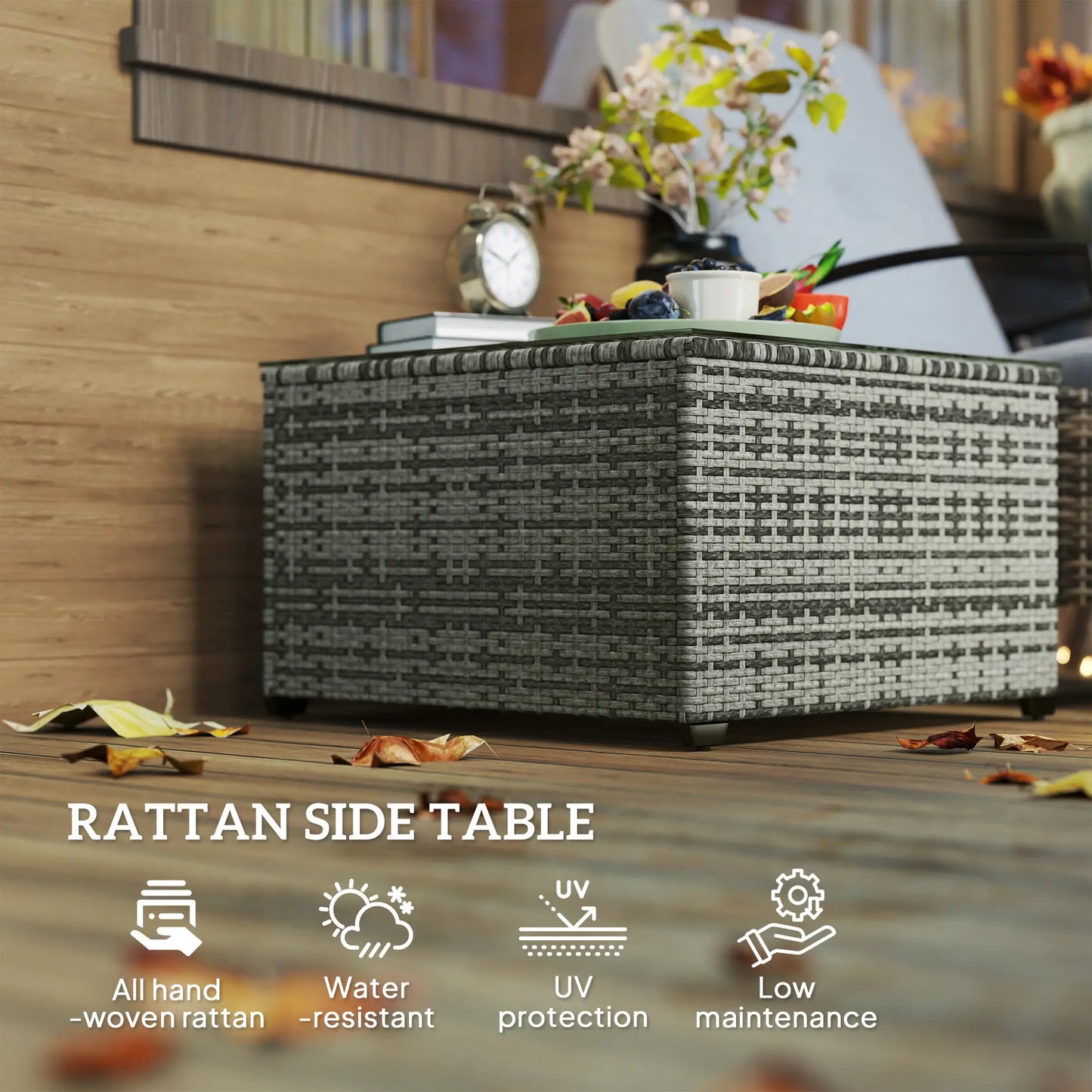 24.4" Patio Coffee Table, PE Rattan Outdoor Side Table, Tempered Glass Top, Light Grey Patio Side Tables at Gallery Canada