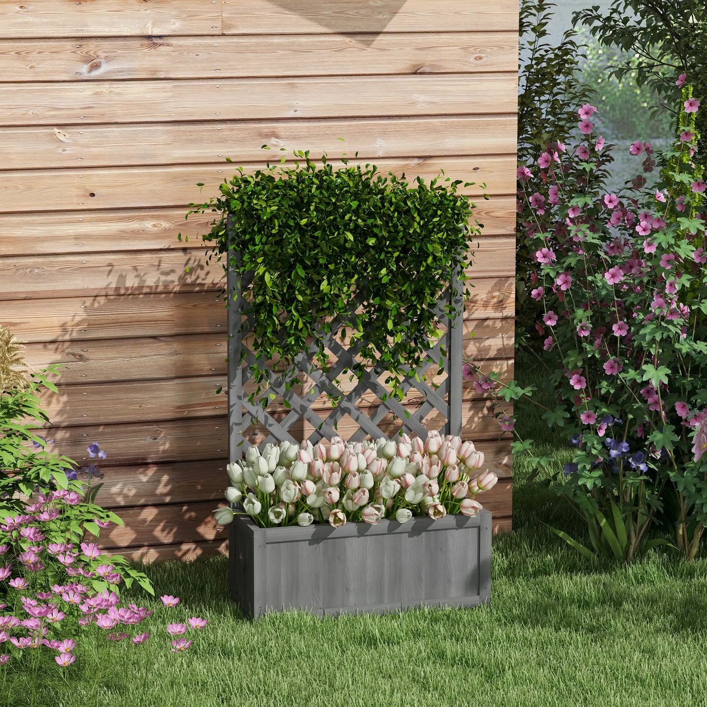 Wood Planter With Trellis, Raised Garden Bed, 28" x 11" x 46", Grey Wooden Planter Boxes at Gallery Canada