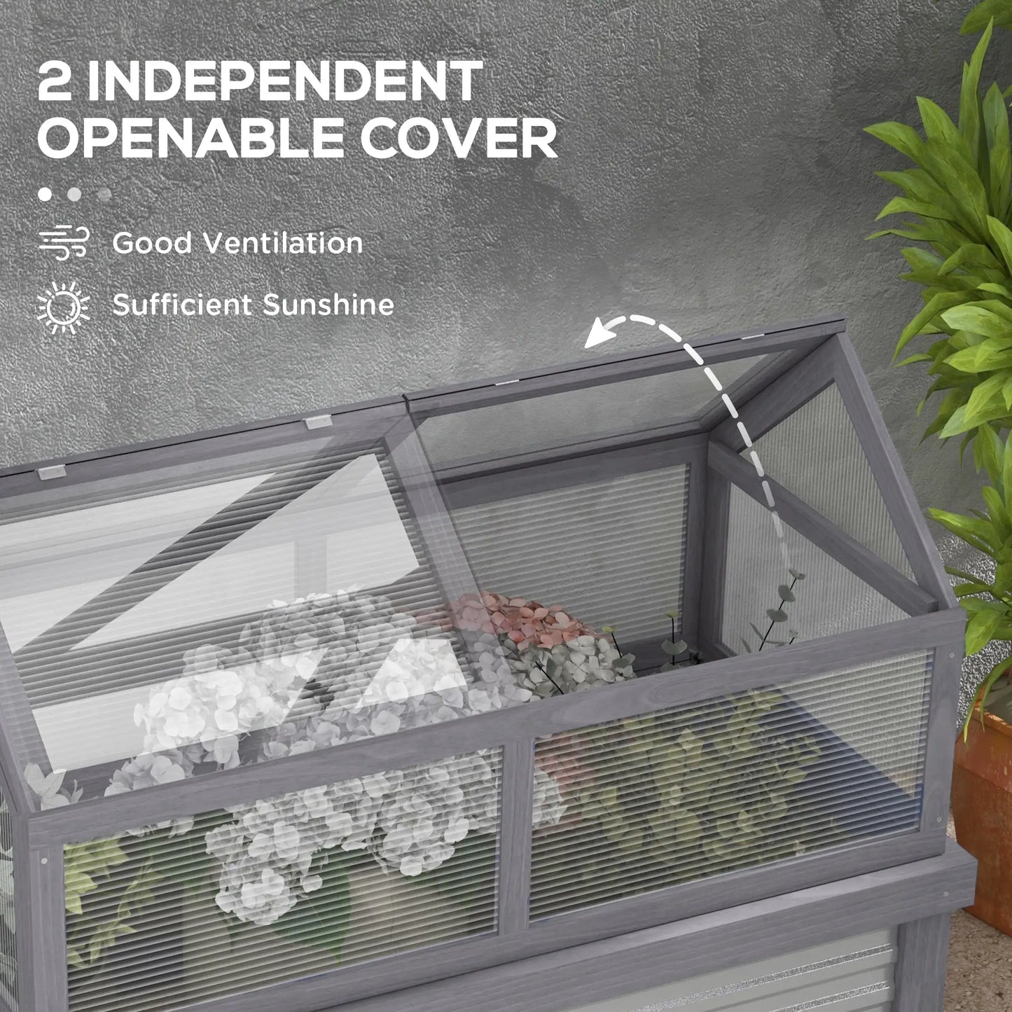 Raised Garden Bed Kit With Greenhouse, Wooden Cold Frame Planter, 48" x 24" x 32", Grey
