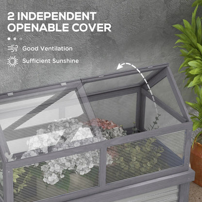Raised Garden Bed Kit With Greenhouse, Wooden Cold Frame Planter, 48" x 24" x 32", Grey
