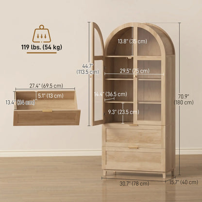 Arched Pantry Cabinet 71" Tall Oak, 2 Drawers, Oak