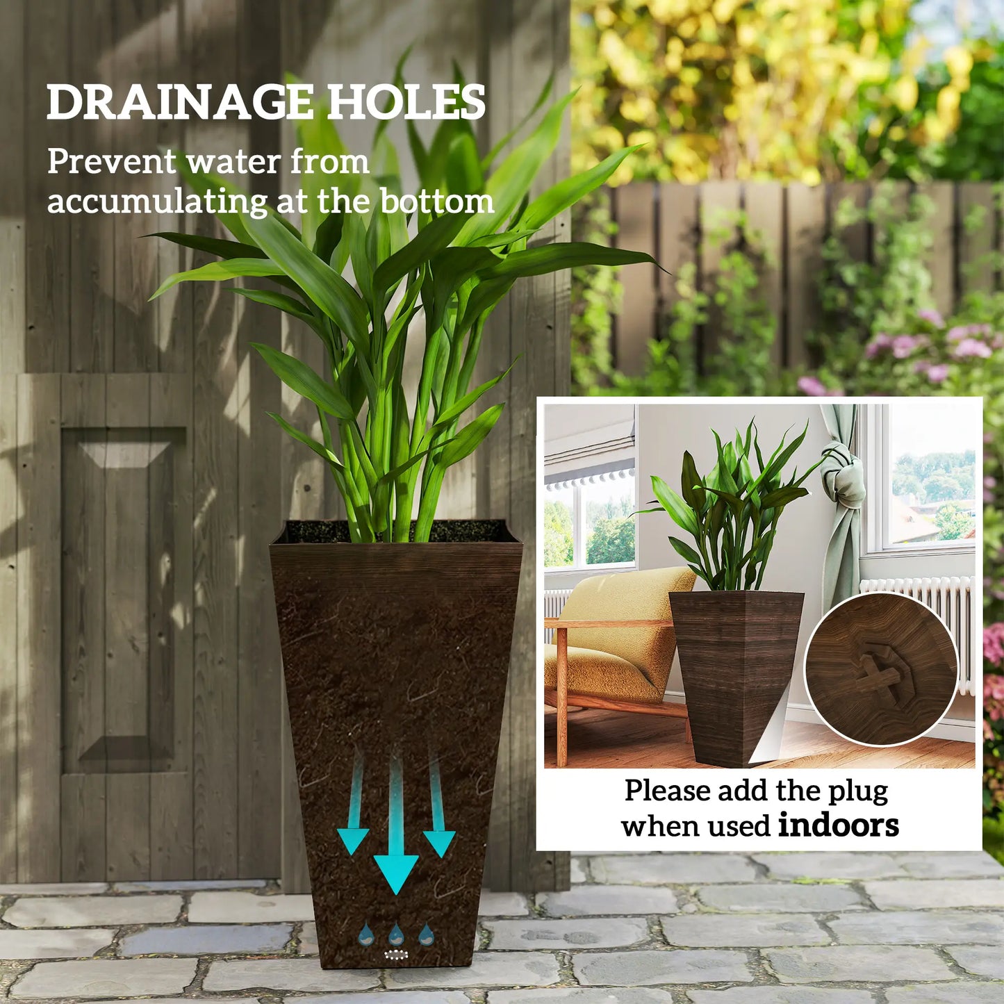 Tall Planter Set Of 3, 28 Inch Taper Planter With Drainage Holes, Brown Planter Set at Gallery Canada