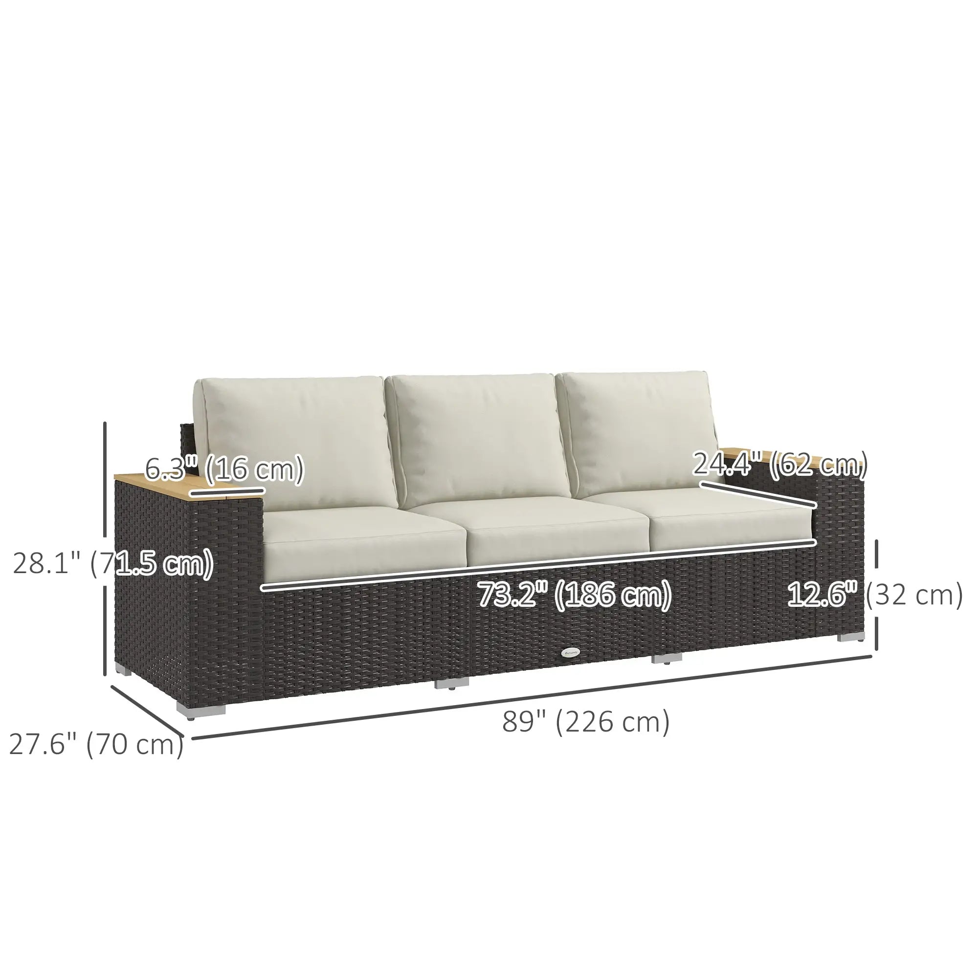 3-Seat Outdoor Couch with Cushions, PE Rattan, Wood Grain Armrests, Cream White Patio Furniture Sets at Gallery Canada