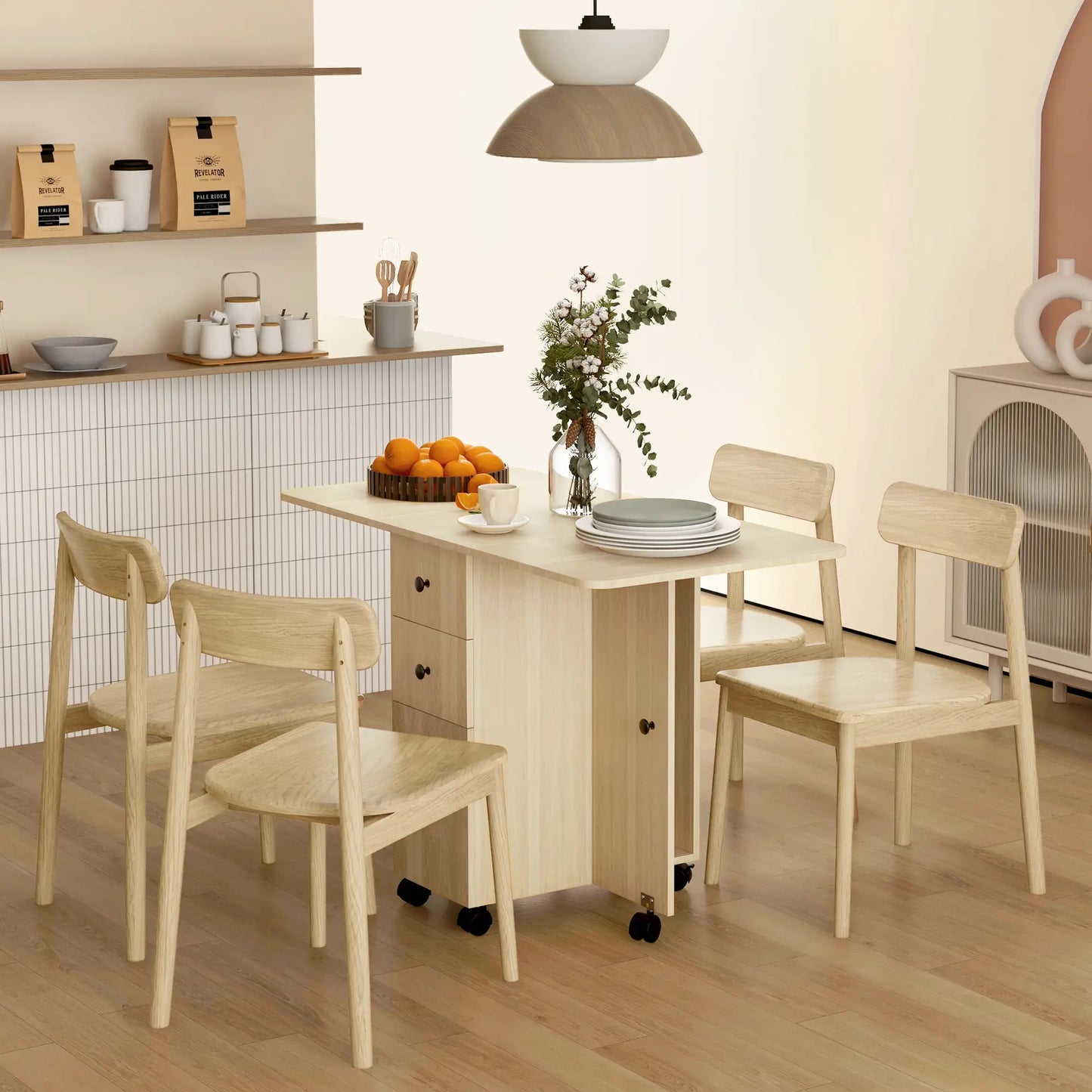 Drop Leaf Dining Table, Mobile Folding Table on Wheels, Natural Wood Dining Tables at Gallery Canada