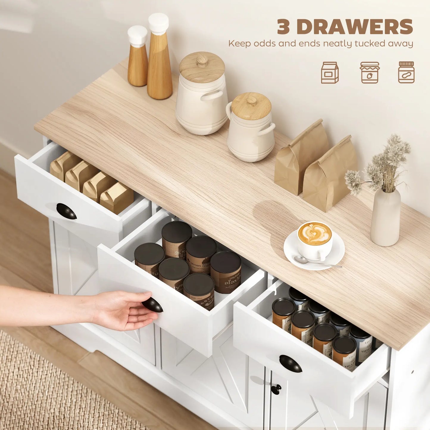 46.5" Buffet Cabinet, Farmhouse Sideboard, 3 Barn Doors, 3 Drawers, White Bar Cabinets at Gallery Canada