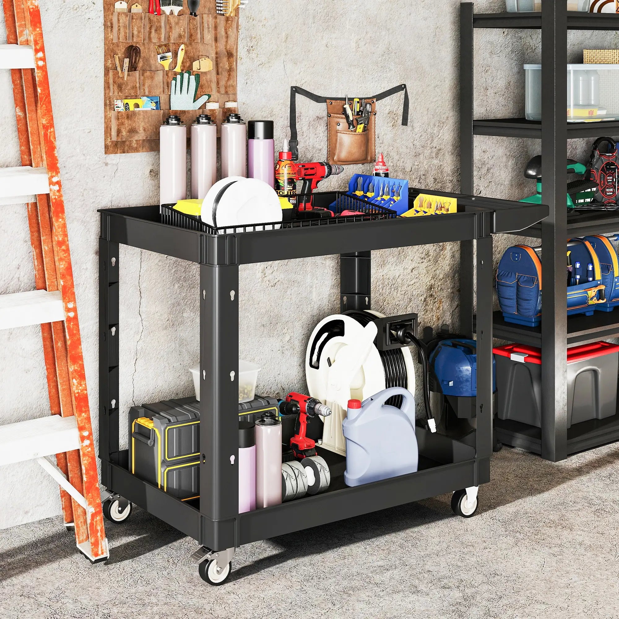 2-Tier Rolling Tool Cart, 500 LBS Capacity Plastic Utility Cart, Black Tool Organizers at Gallery Canada