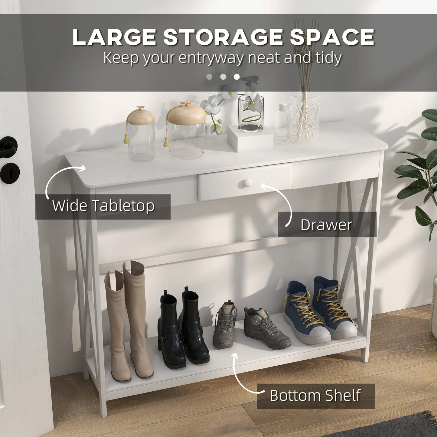 39" Console Table, 2 Tier X-Design, Narrow Entryway Table with Drawer, White Console Tables at Gallery Canada