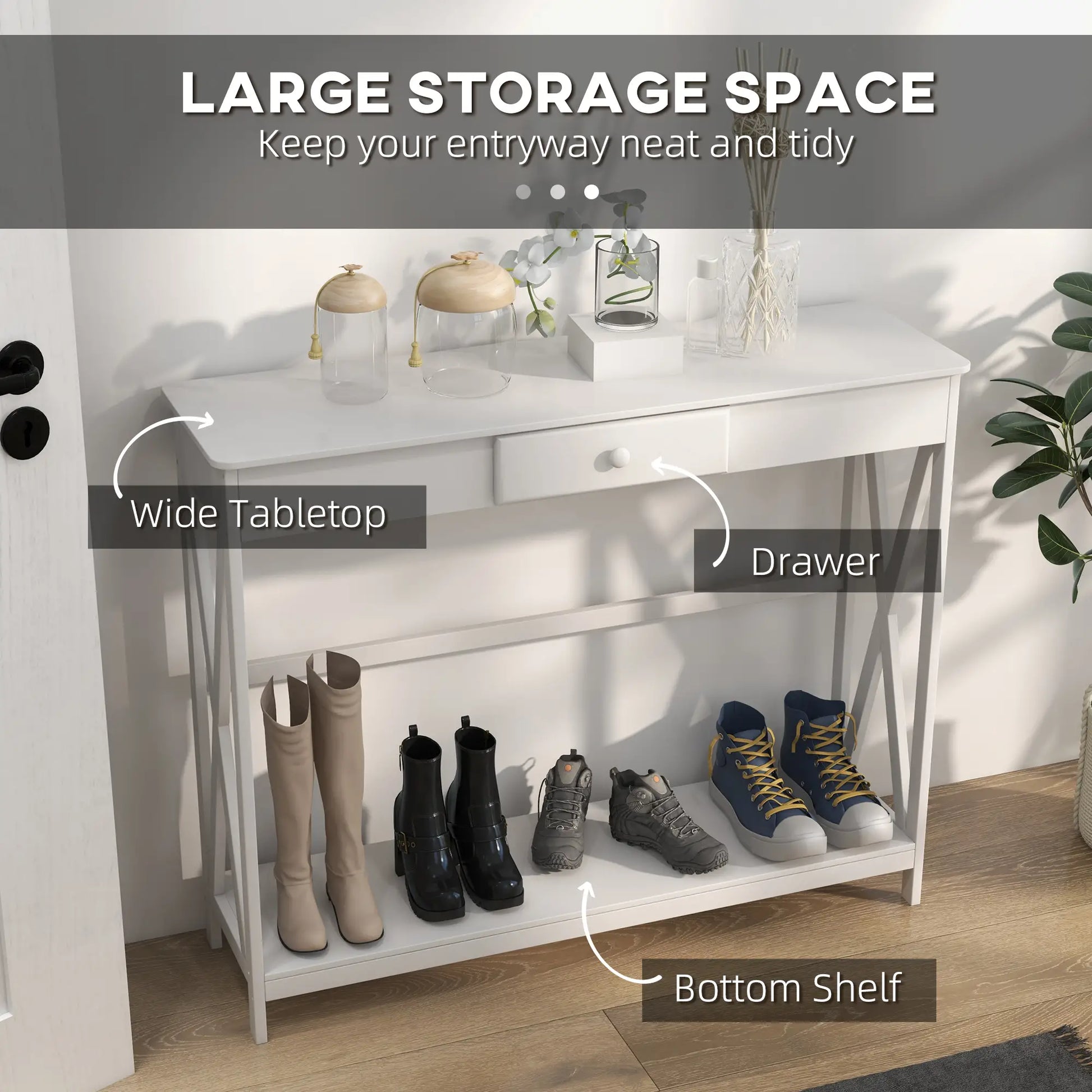 39" Console Table, 2 Tier X-Design, Narrow Entryway Table with Drawer, White Console Tables at Gallery Canada