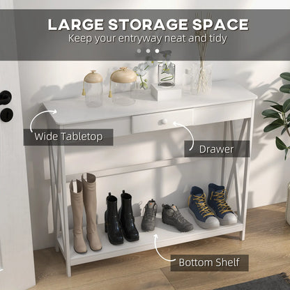 39" Console Table, 2 Tier X-Design, Narrow Entryway Table with Drawer, White Console Tables at Gallery Canada