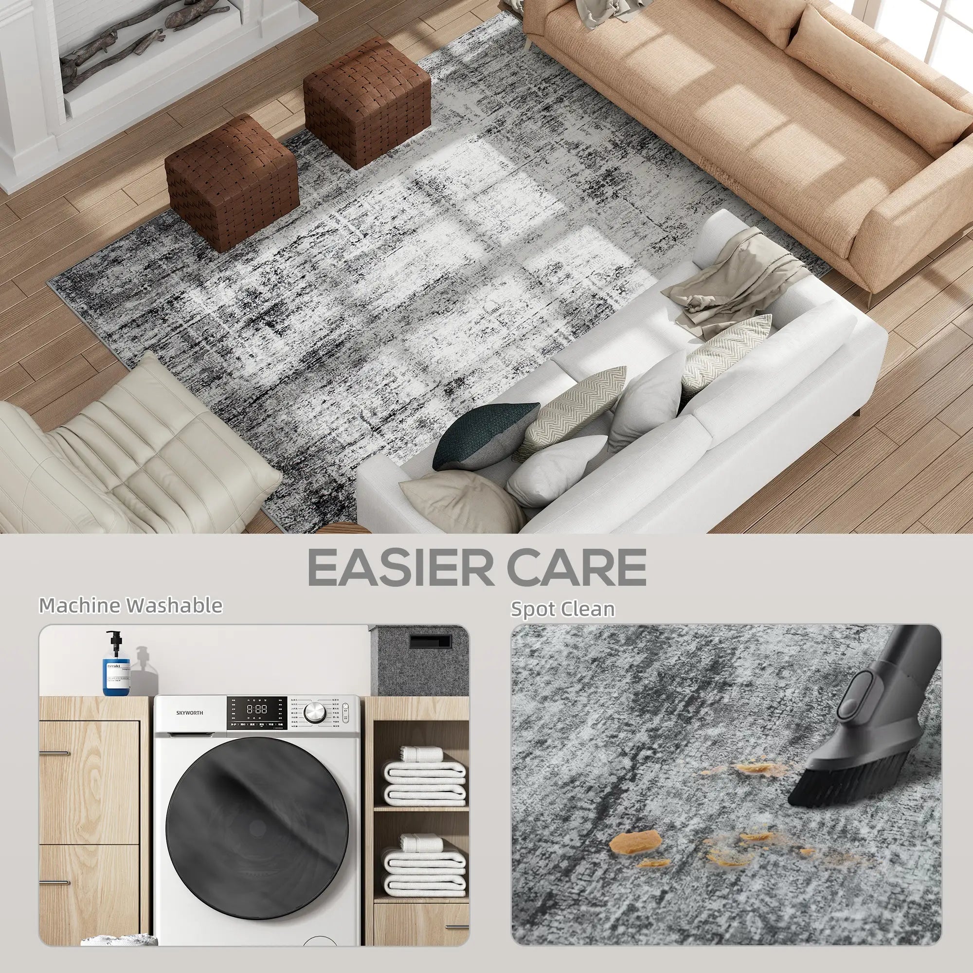 Modern Abstract Area Rug 8x10, Machine Washable, Non-Slip, Grey Living Room Furniture at Gallery Canada