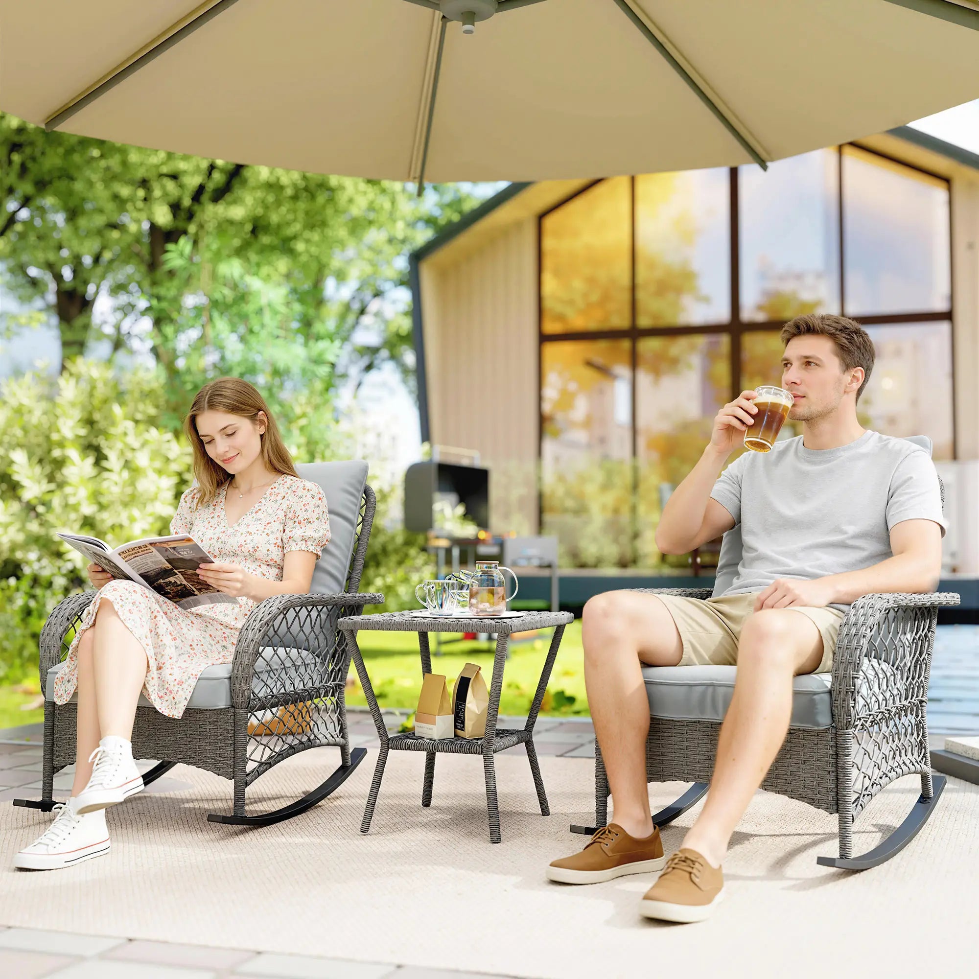 3 Piece Wicker Patio Furniture, Rocking Bistro Set, High Back Rocking Chairs, 2-Tier Glass Table, Light Grey Bistro Sets at Gallery Canada