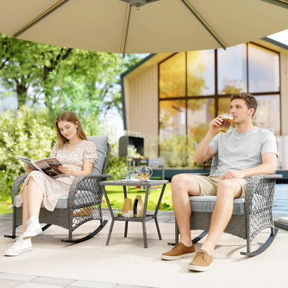 3 Piece Wicker Patio Furniture, Rocking Bistro Set, High Back Rocking Chairs, 2-Tier Glass Table, Light Grey Bistro Sets at Gallery Canada