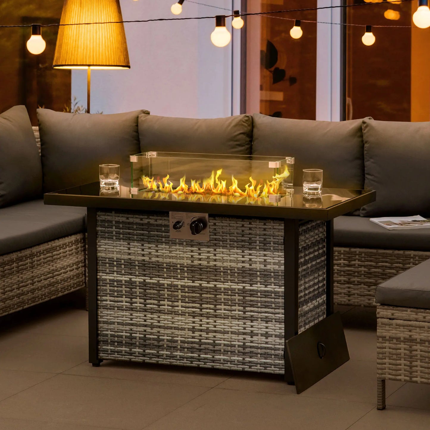 43" Propane Fire Pit Table, 50,000 BTU, Blue Glass Rock, Grey Fire Pits at Gallery Canada