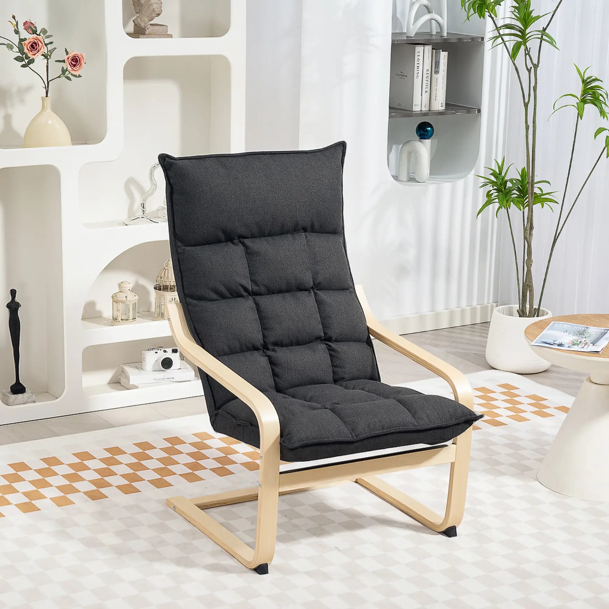 Modern Upholstered Armchair, Curved Leg, Living Room, Dark Grey Accent Chairs at Gallery Canada