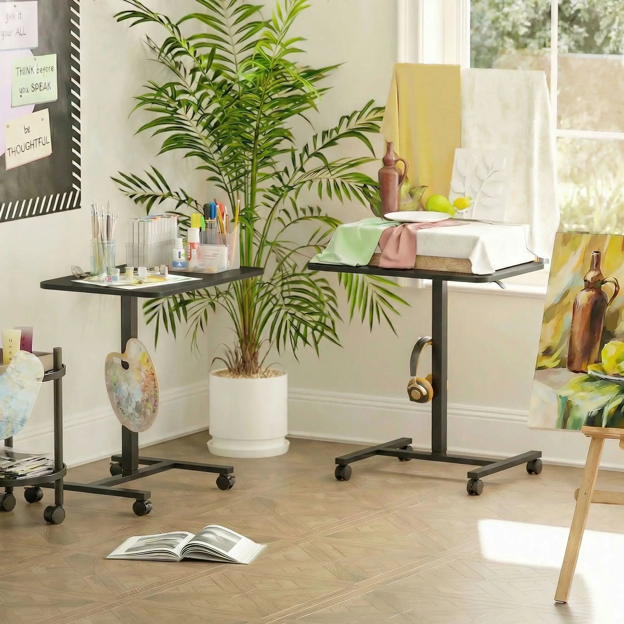 Height Adjustable Standing Desk, Pneumatic Sit Stand Desk, Black Wood Grain, Black Office Desks & Work Stations at Gallery Canada