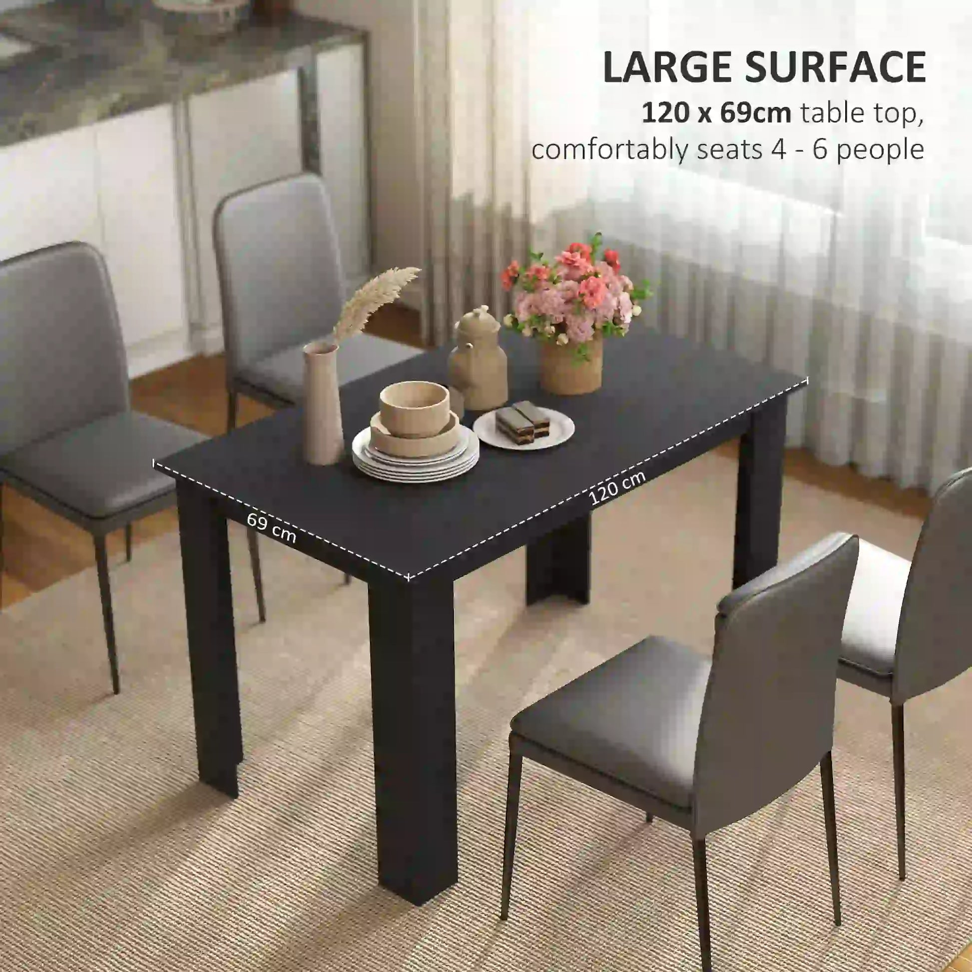 47" Kitchen Table for 4-6 People, Wood Effect, Black Dining Tables at Gallery Canada