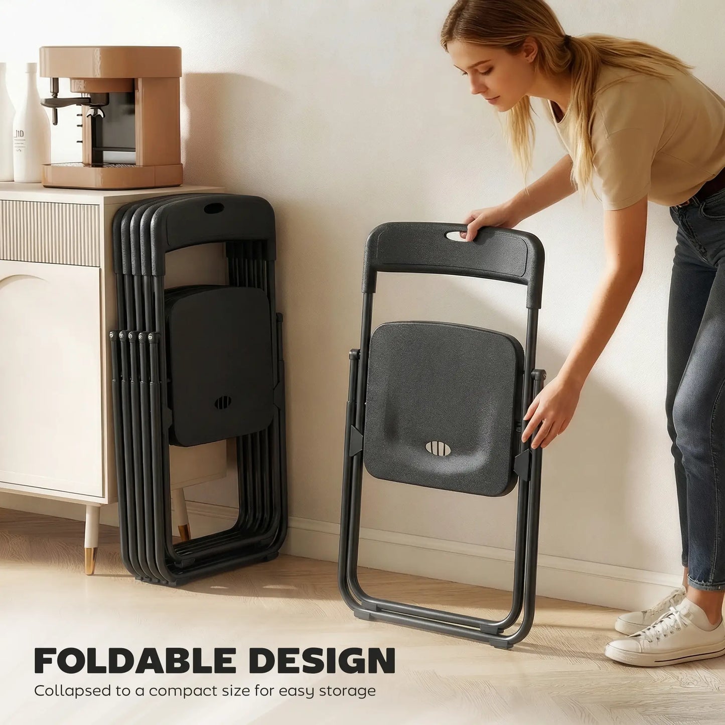 Folding Chairs 6 Pack, Black Plastic With Steel Frame, Black
