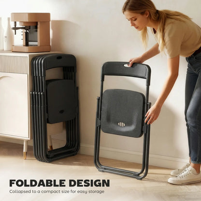 Folding Chairs 6 Pack, Black Plastic With Steel Frame, Black