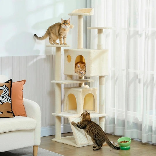 63" Cat Tree, Multi-Level Cat Tower With Scratching Posts, Bed, Cream White Multi-Level Cat Towers Cream at Gallery Canada