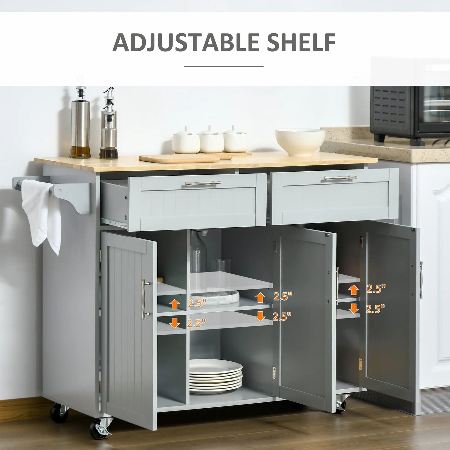 Rolling Kitchen Island, Cart with 2 Drawers, 3 Door Cabinets, 3-Doors, Grey Kitchen Islands & Kitchen Carts at Gallery Canada