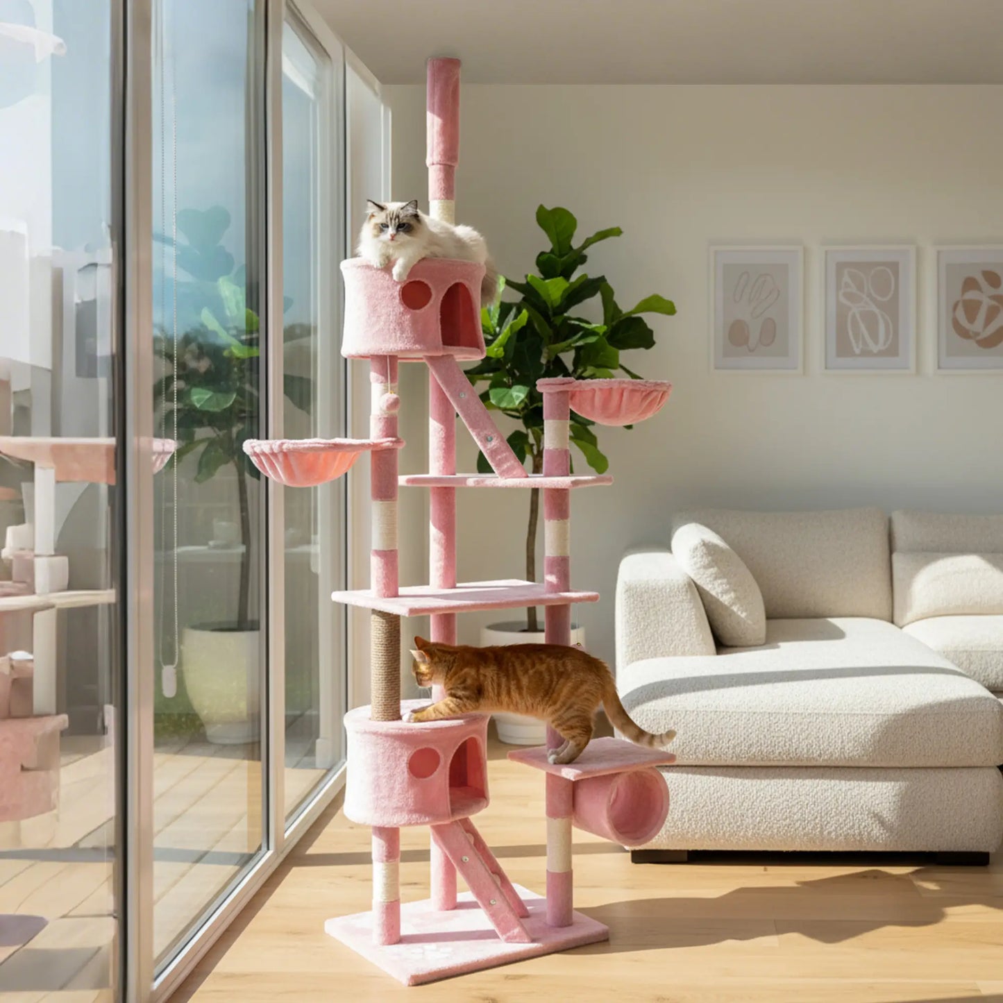 94"-102" Floor To Ceiling Cat Tree, Multi-Level Play House, Pink