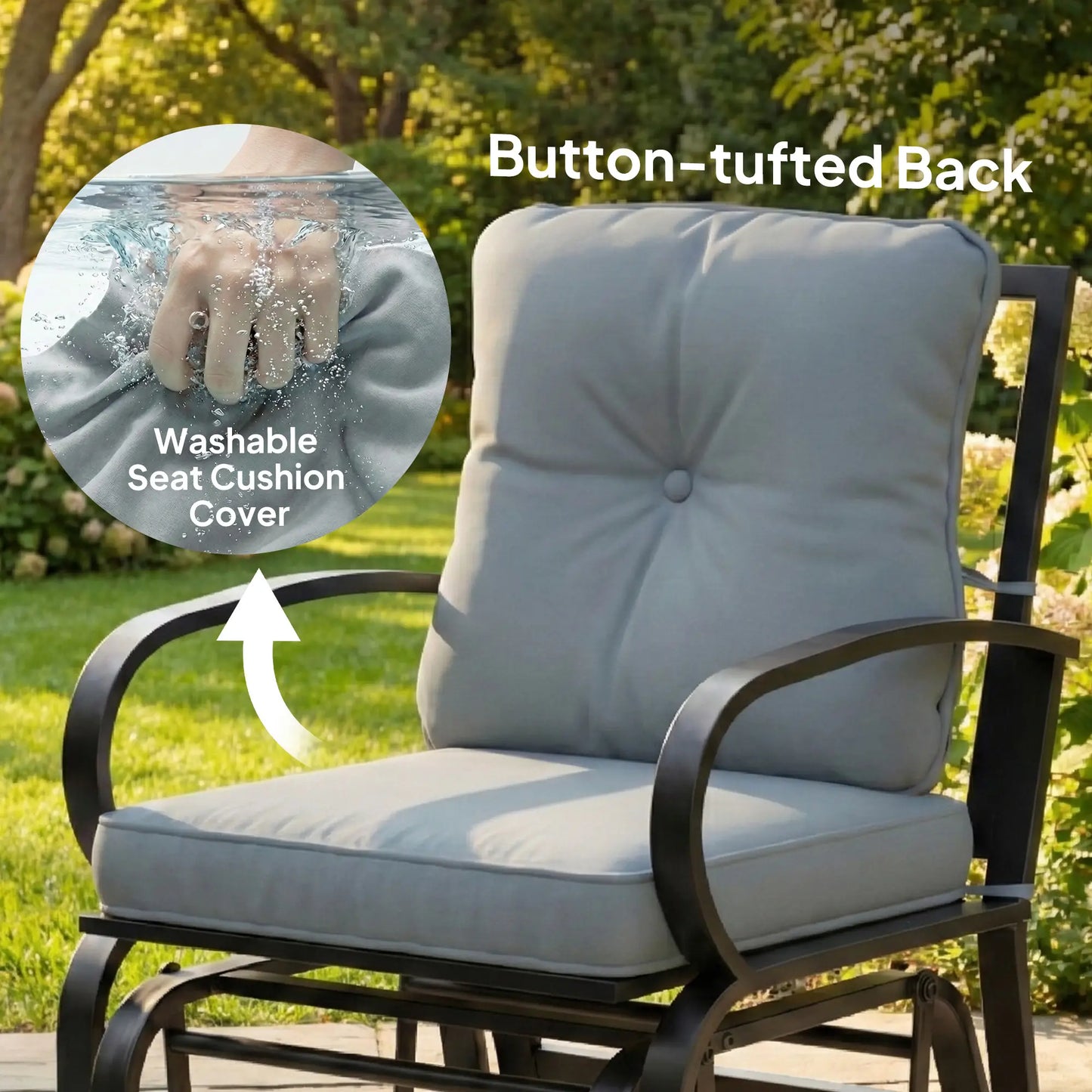 Patio Glider Chair With Cushions, Steel Frame, Curved Armrests, Light Grey Outdoor Gliders at Gallery Canada
