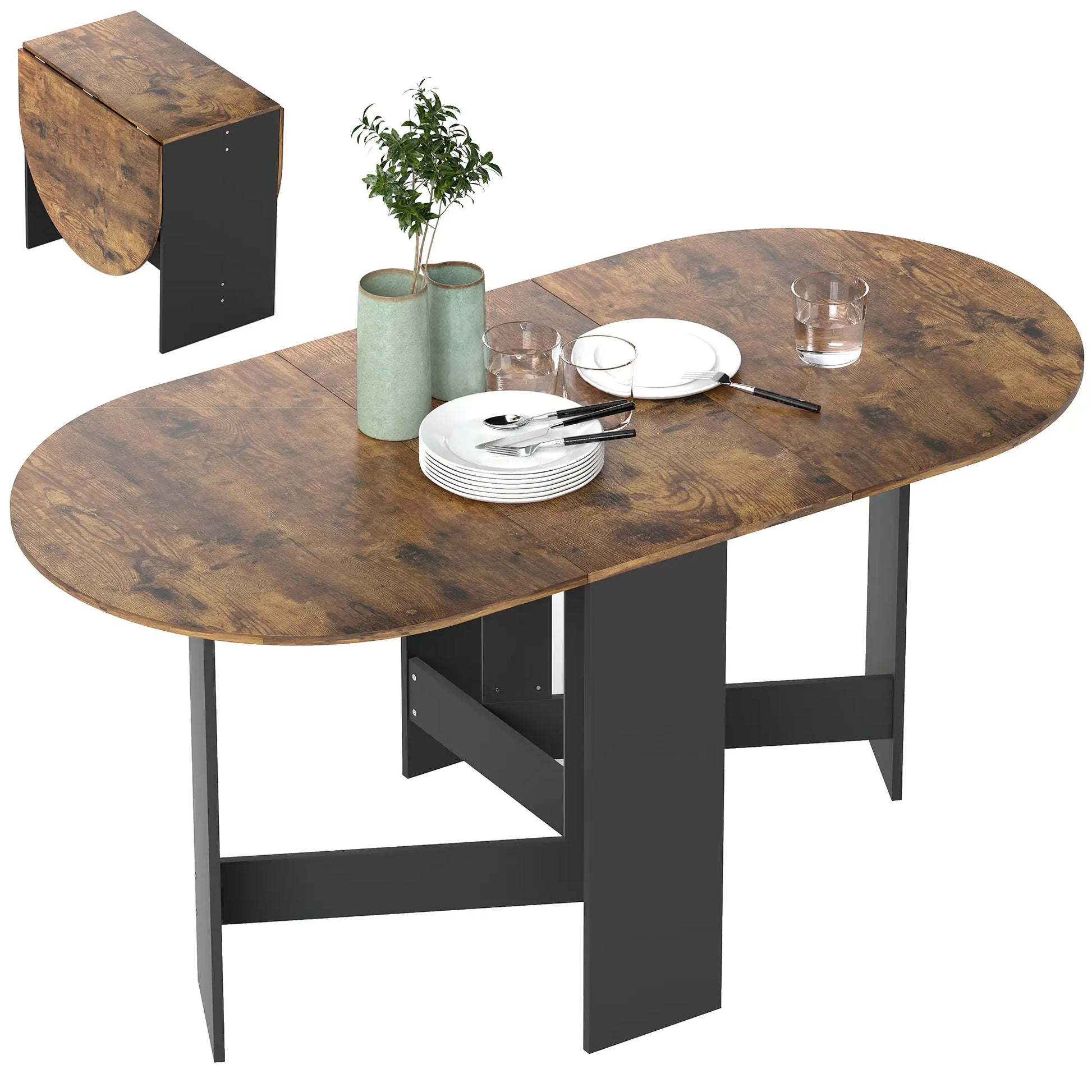 Oval Folding Dining Table, Drop Leaf Kitchen Table, Rustic Brown, Brown Dining Tables Rustic Brown at Gallery Canada
