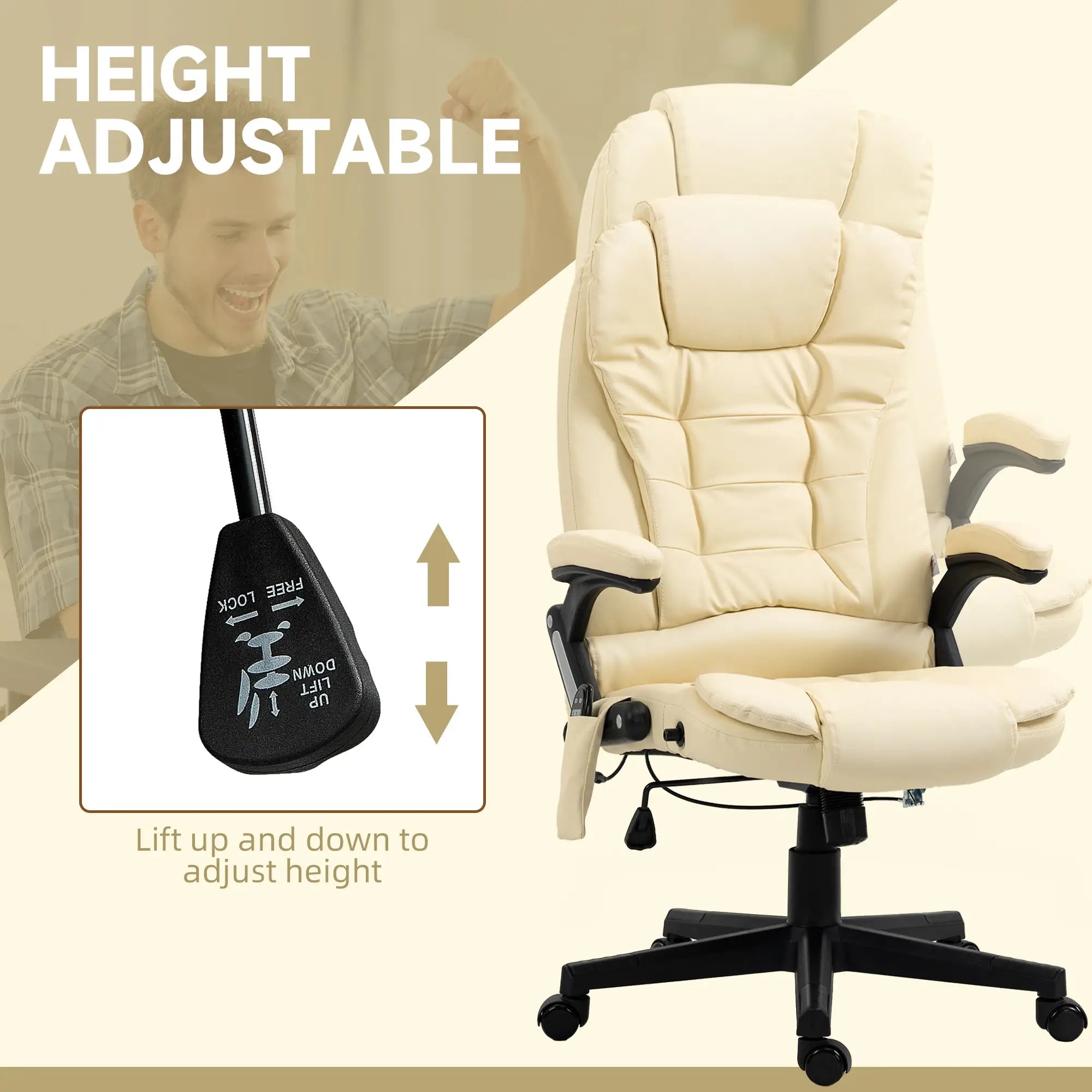 Adjustable Heated Massage Swivel Office Chair, High Back Leather, Beige Massage Chairs at Gallery Canada