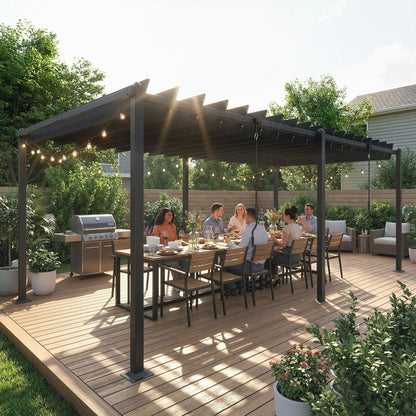 10' x 19' Dark Grey Louvered Pergola, UPF50+ Adjustable Roof, Aluminum Frame, Dark Grey Pergolas at Gallery Canada