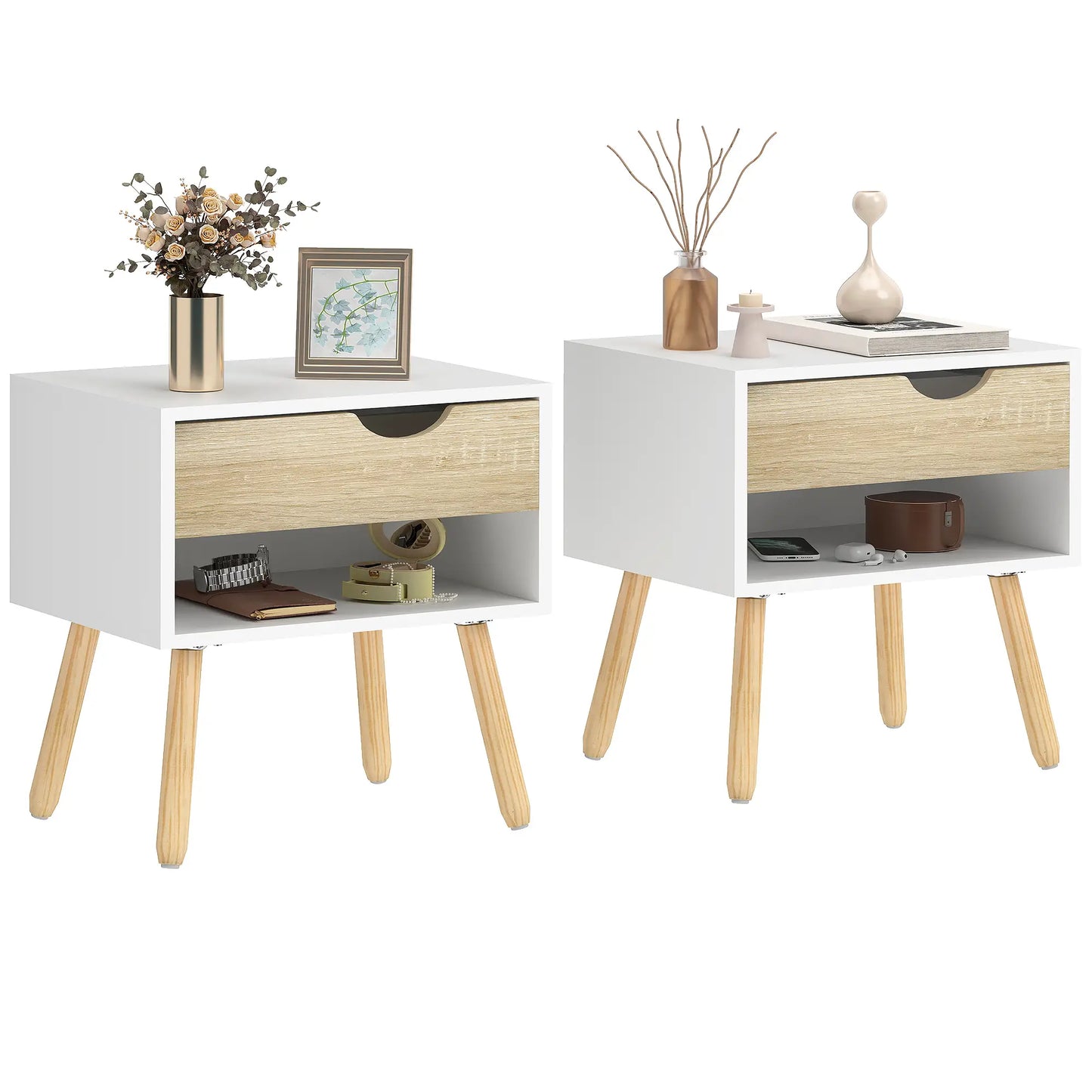 Set of 2 Bedside Tables, Modern Nightstand with Drawer, Shelf, White Bedside Tables Oak, White at Gallery Canada