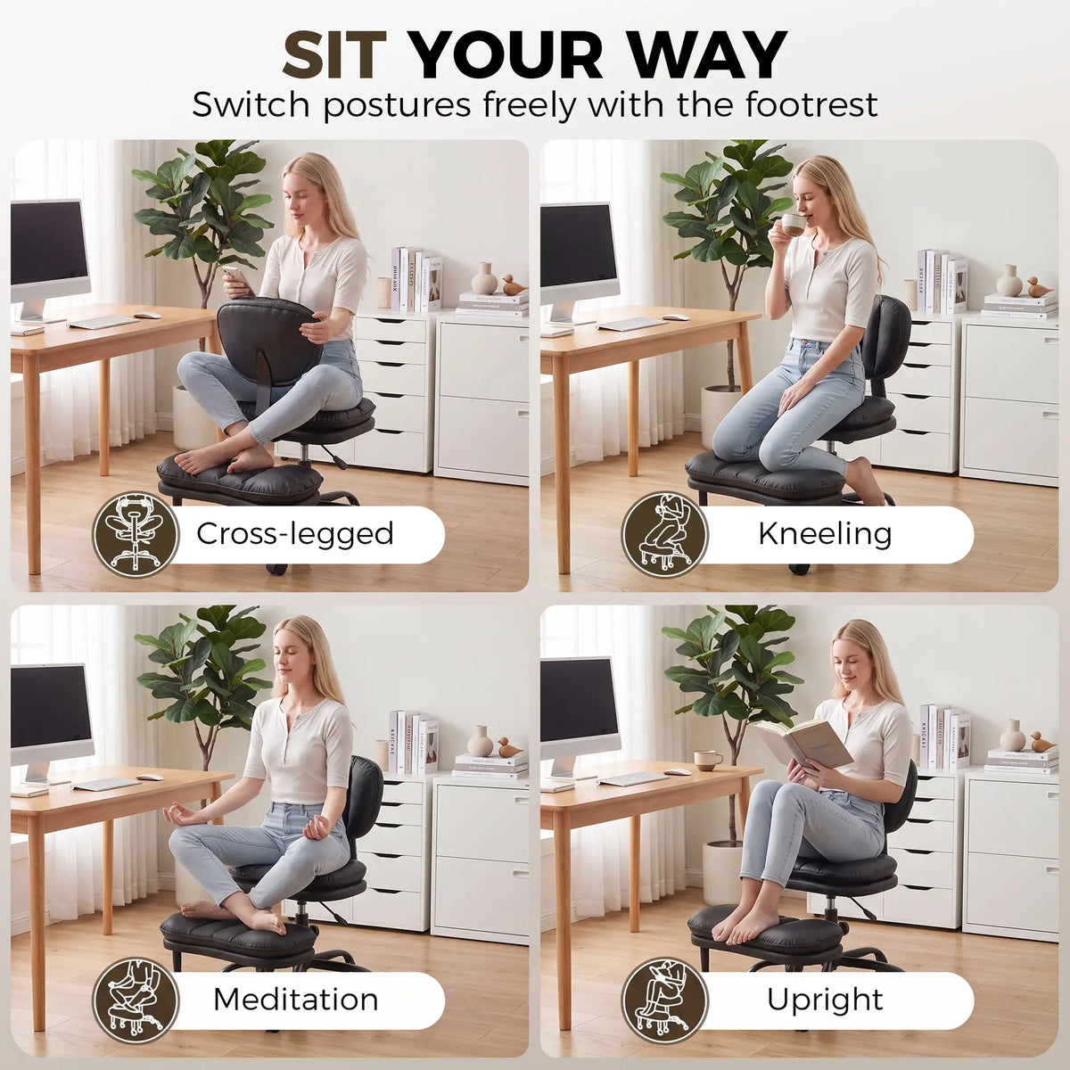 Ergonomic Cross Legged Office Chair, Swivel Meditation Desk Chair, Black