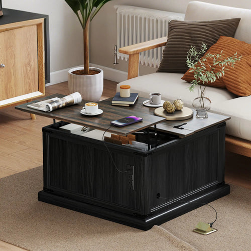 Lift Top Coffee Table, Square Farmhouse Center Table, Wood Grain, Black