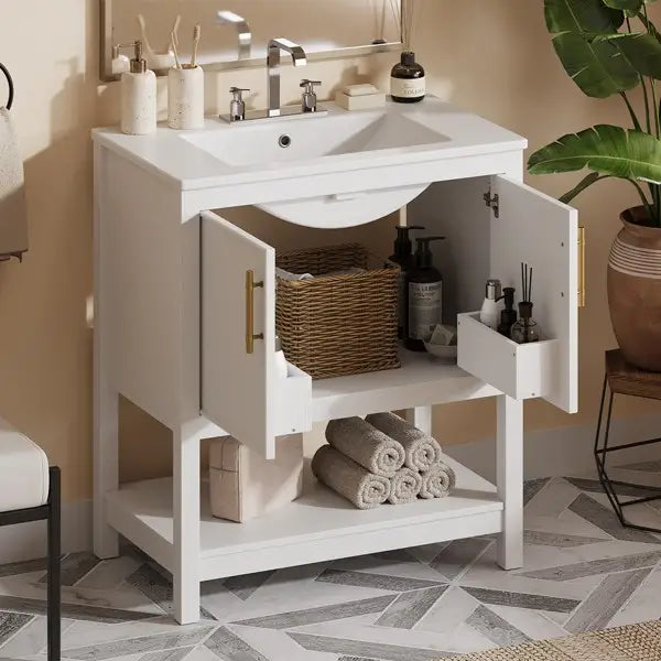 Bathroom Vanity with Ceramic Sink, Gold Handles, Soft Close Doors, 30