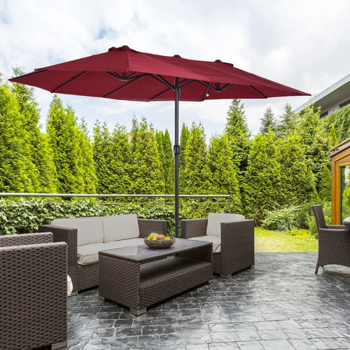 15ft Double-Sided Patio Umbrella, Twin Canopy, Wine Red, Red