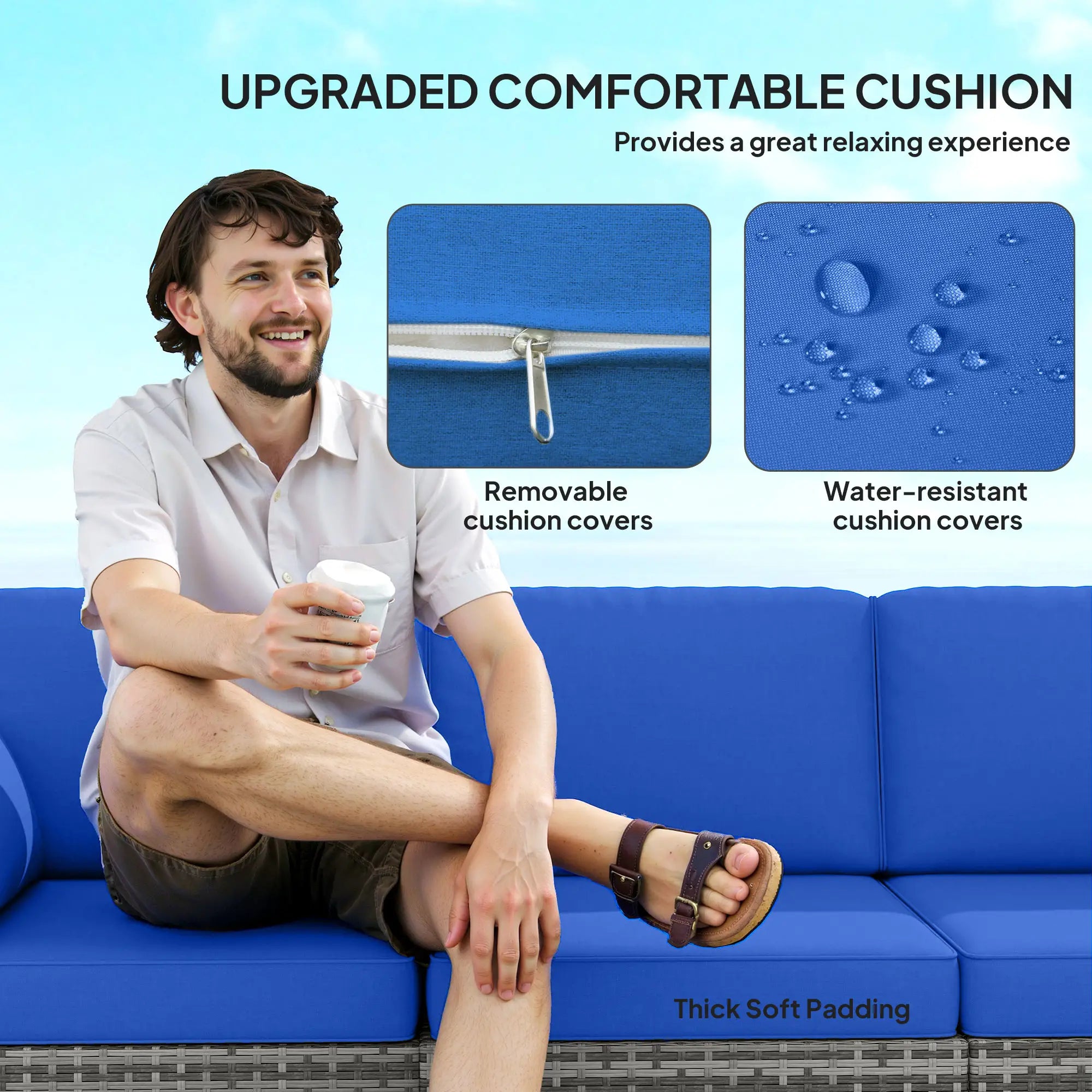 3-Seater Outdoor Sofa with Cushions, PE Rattan, Blue Patio Furniture Sets at Gallery Canada