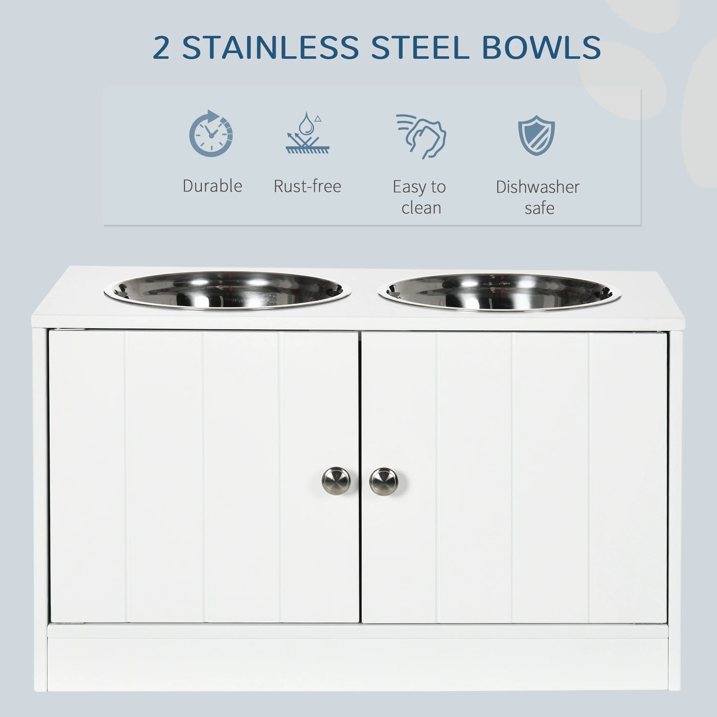 Elevated Dog Bowls, Large Pet Feeding Station with Stand, Storage, 2 Stainless Steel Bowls, 23.6" x 11.8" x 14", White Dog Bowls at Gallery Canada