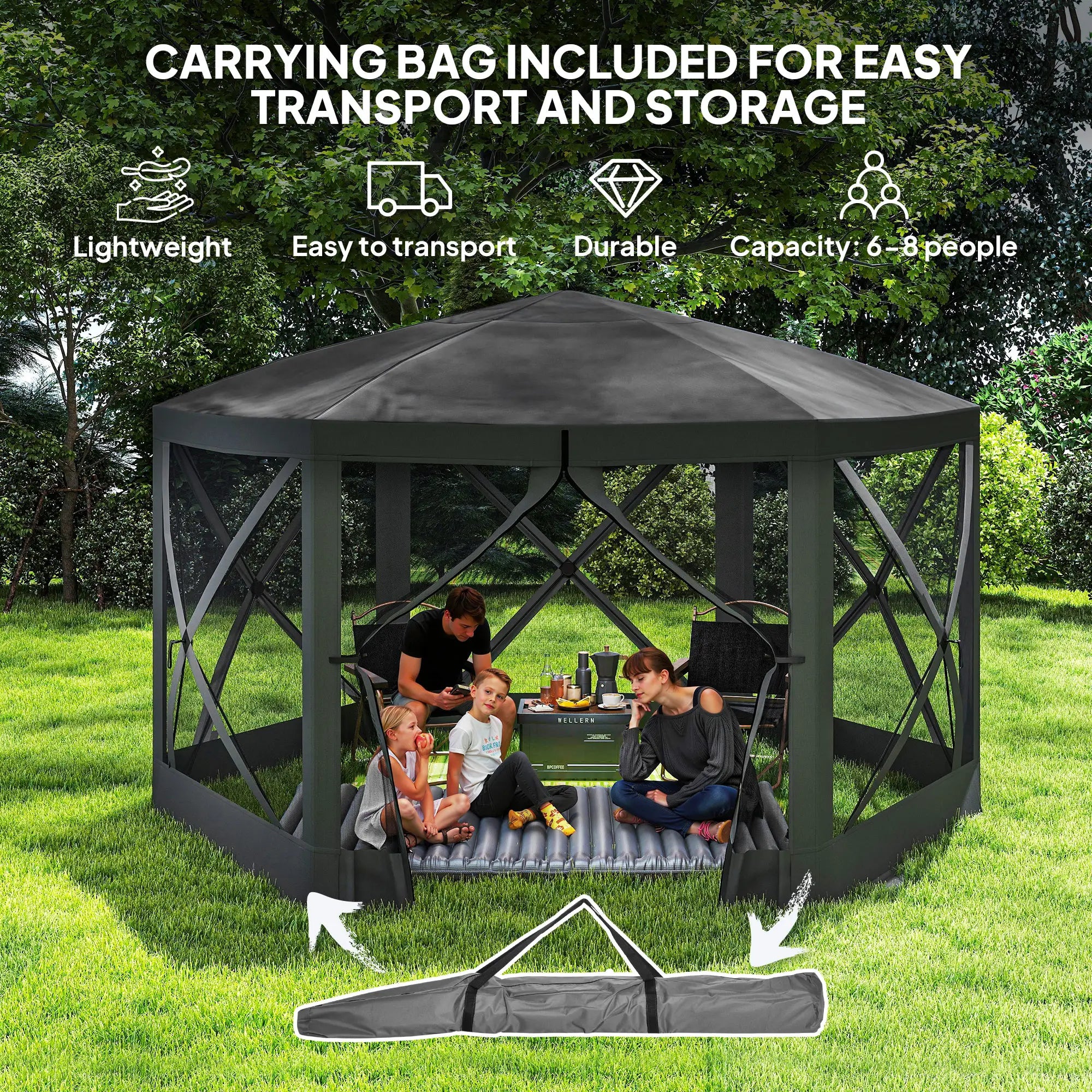 12' x 12' Hexagon Pop Up Screen Tent, Camping Shelter w/ Mesh, Carry Bag, Black Pop Up Canopies at Gallery Canada