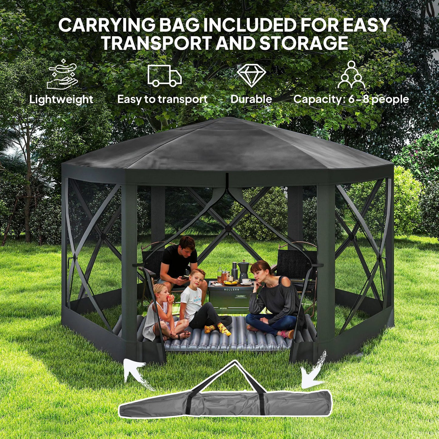 12' x 12' Hexagon Pop Up Screen Tent, Camping Shelter w/ Mesh, Carry Bag, Black Pop Up Canopies at Gallery Canada