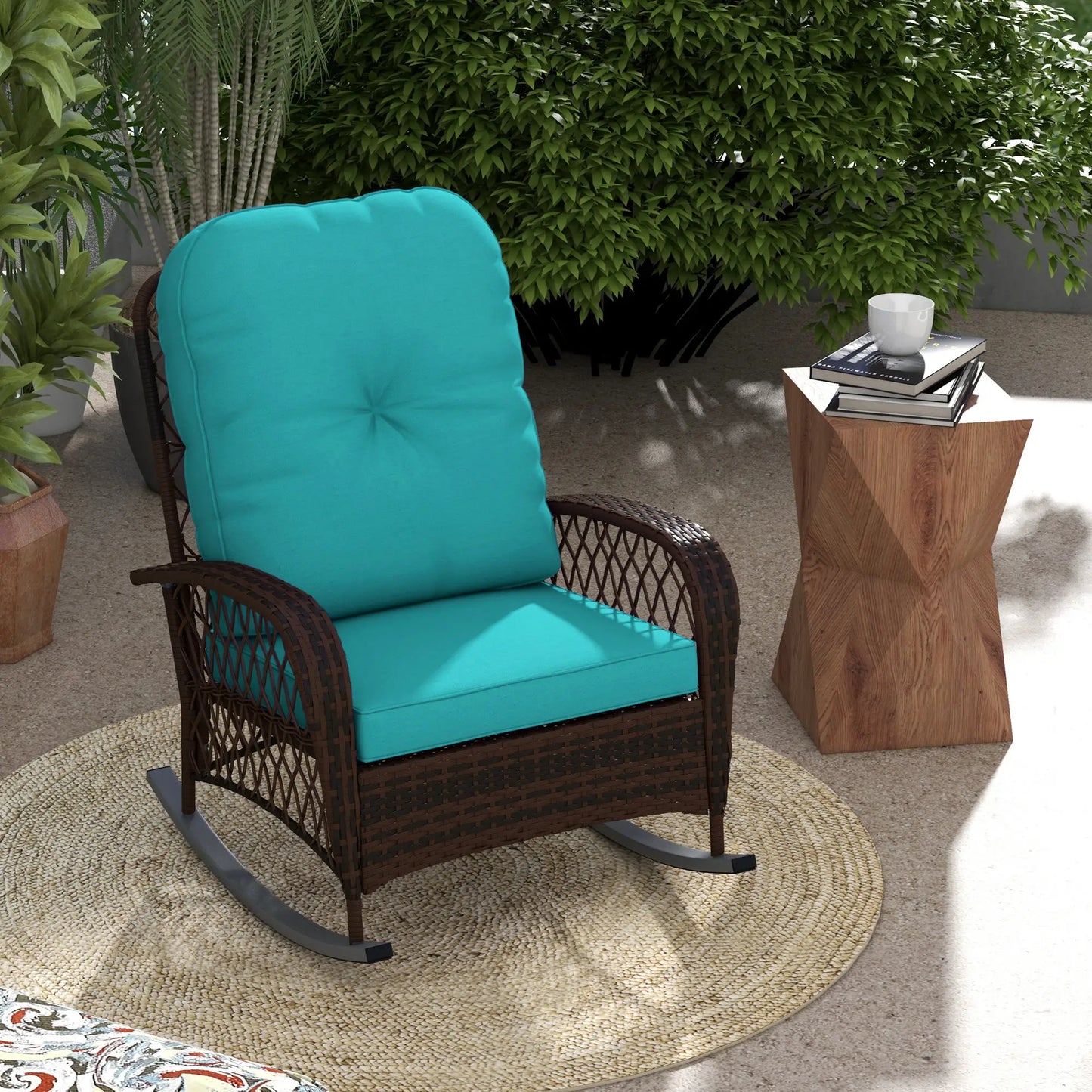 Outdoor Wicker Rattan Rocking Chair, Thick Cushions, Turquoise Outdoor Rocking Chairs at Gallery Canada